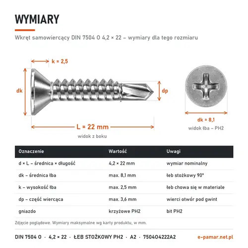 Wymiary wkręta samowiercącego DIN 7504 O 4,2 × 22: łeb dk 8,1 mm, k 2,5 mm, część wiercąca dp 3,6 mm