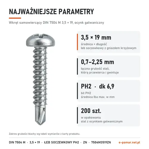 Parametry wkręta DIN 7504 M 3,5 × 19 ocynk galwaniczny: blacha 0,7–2,25 mm, gniazdo PH2, 200 szt. w opakowaniu