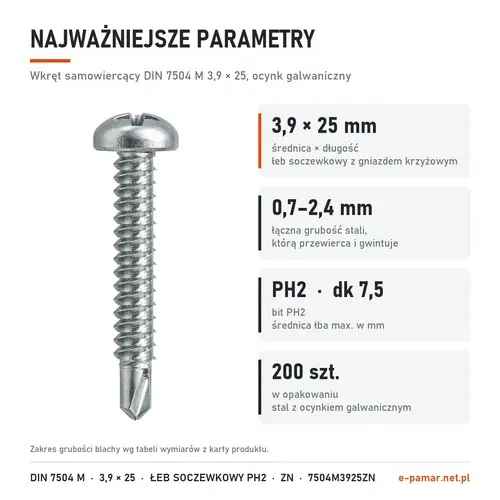 Parametry wkręta DIN 7504 M 3,9 × 25 ocynk galwaniczny: blacha 0,7–2,4 mm, gniazdo PH2, 200 szt. w opakowaniu