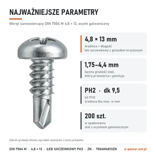 Parametry wkręta DIN 7504 M 4,8 × 13 ocynk galwaniczny: blacha 1,75–4,4 mm, gniazdo PH2, 200 szt. w opakowaniu