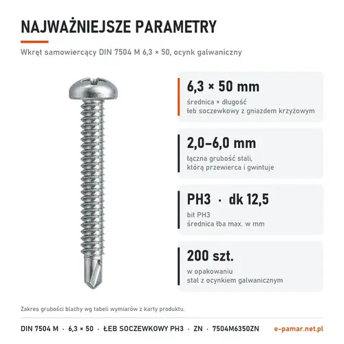 Parametry wkręta DIN 7504 M 6,3 × 50 ocynk galwaniczny: blacha 2,0–6,0 mm, gniazdo PH3, 200 szt. w opakowaniu