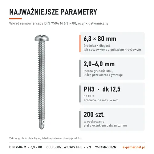 Parametry wkręta DIN 7504 M 6,3 × 80 ocynk galwaniczny: blacha 2,0–6,0 mm, gniazdo PH3, 200 szt. w opakowaniu