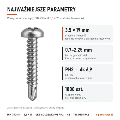 Parametry wkręta DIN 7504 M 3,5 × 19 stal nierdzewna A2: blacha 0,7–2,25 mm, gniazdo PH2, 1000 szt. w opakowaniu