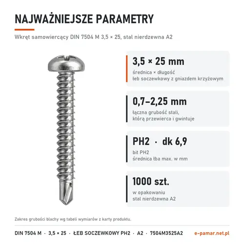 Parametry wkręta DIN 7504 M 3,5 × 25 stal nierdzewna A2: blacha 0,7–2,25 mm, gniazdo PH2, 1000 szt. w opakowaniu