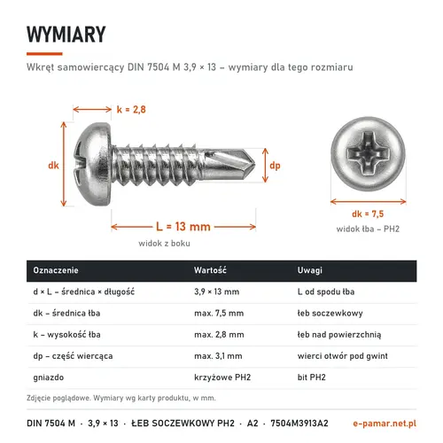 Wymiary wkręta samowiercącego DIN 7504 M 3,9 × 13: łeb dk 7,5 mm, k 2,8 mm, gniazdo PH2, część wiercąca dp 3,1 mm