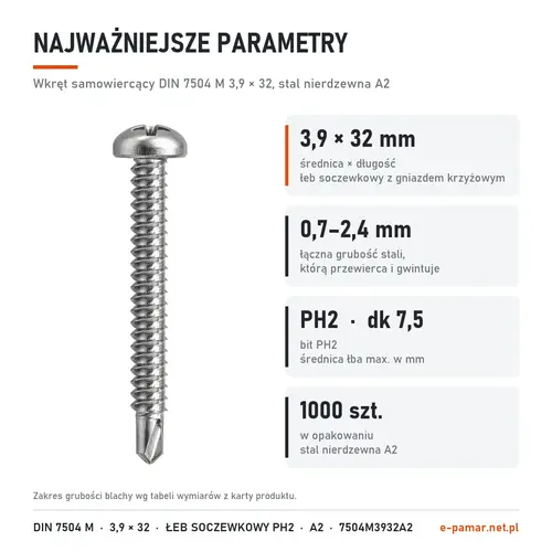 Parametry wkręta DIN 7504 M 3,9 × 32 stal nierdzewna A2: blacha 0,7–2,4 mm, gniazdo PH2, 1000 szt. w opakowaniu