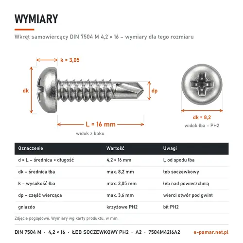 Wymiary wkręta samowiercącego DIN 7504 M 4,2 × 16: łeb dk 8,2 mm, k 3,05 mm, gniazdo PH2, część wiercąca dp 3,6 mm