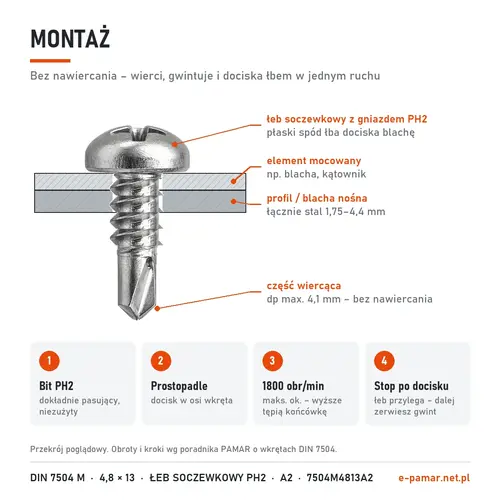 Montaż wkręta samowiercącego DIN 7504 M 4,8 × 13 bez nawiercania – bit PH2, do ok. 1800 obr/min