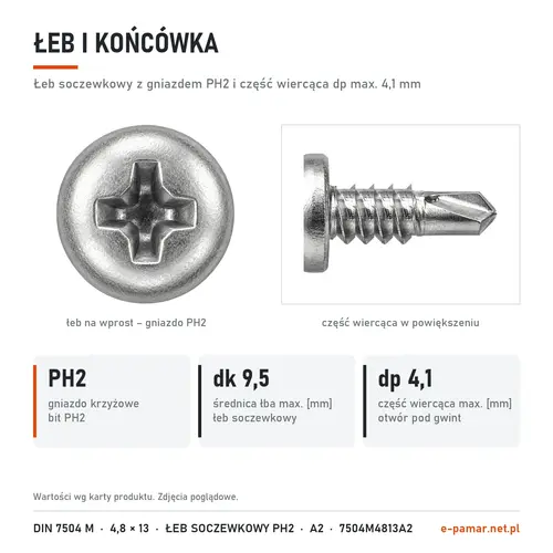 Łeb soczewkowy z gniazdem PH2 i część wiercąca wkręta DIN 7504 M 4,8 × 13 w zbliżeniu