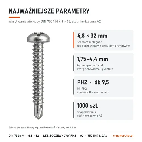 Parametry wkręta DIN 7504 M 4,8 × 32 stal nierdzewna A2: blacha 1,75–4,4 mm, gniazdo PH2, 1000 szt. w opakowaniu