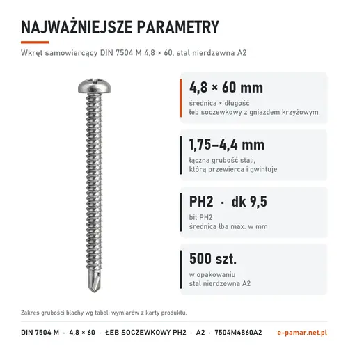 Parametry wkręta DIN 7504 M 4,8 × 60 stal nierdzewna A2: blacha 1,75–4,4 mm, gniazdo PH2, 500 szt. w opakowaniu