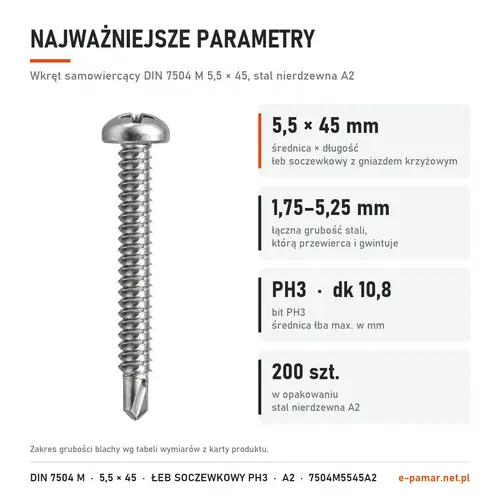 Parametry wkręta DIN 7504 M 5,5 × 45 stal nierdzewna A2: blacha 1,75–5,25 mm, gniazdo PH3, 200 szt. w opakowaniu