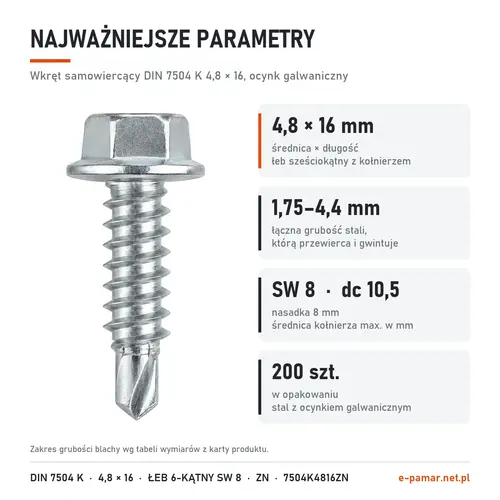 Parametry wkręta DIN 7504 K 4,8 × 16 ocynk galwaniczny: blacha 1,75–4,4 mm, klucz 8 mm, 200 szt. w opakowaniu