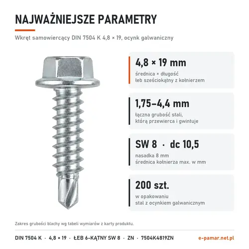 Parametry wkręta DIN 7504 K 4,8 × 19 ocynk galwaniczny: blacha 1,75–4,4 mm, klucz 8 mm, 200 szt. w opakowaniu