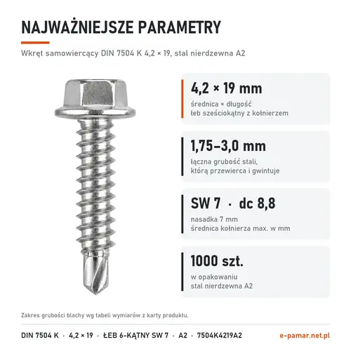 Parametry wkręta DIN 7504 K 4,2 × 19 stal nierdzewna A2: blacha 1,75–3,0 mm, klucz 7 mm, 1000 szt. w opakowaniu