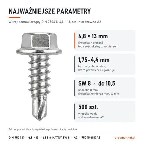 Parametry wkręta DIN 7504 K 4,8 × 13 stal nierdzewna A2: blacha 1,75–4,4 mm, klucz 8 mm, 500 szt. w opakowaniu