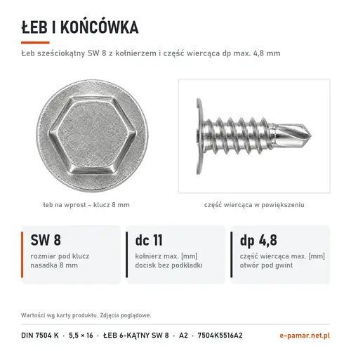 Łeb sześciokątny z kołnierzem SW 8 i część wiercąca wkręta DIN 7504 K 5,5 × 16 w zbliżeniu