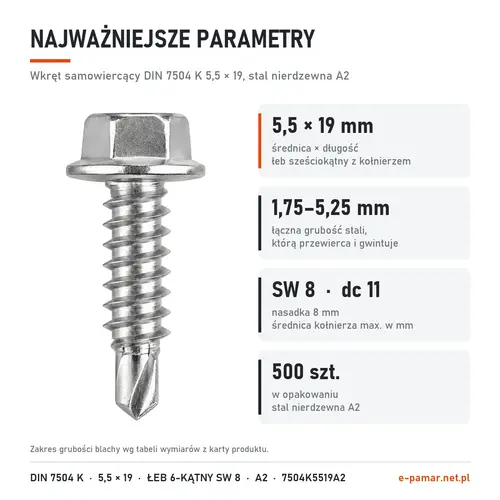 Parametry wkręta DIN 7504 K 5,5 × 19 stal nierdzewna A2: blacha 1,75–5,25 mm, klucz 8 mm, 500 szt. w opakowaniu