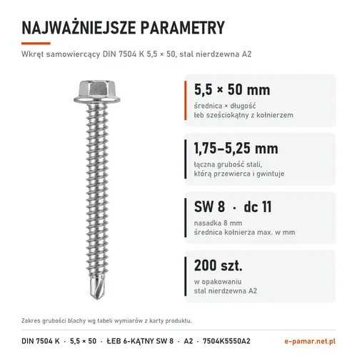 Parametry wkręta DIN 7504 K 5,5 × 50 stal nierdzewna A2: blacha 1,75–5,25 mm, klucz 8 mm, 200 szt. w opakowaniu