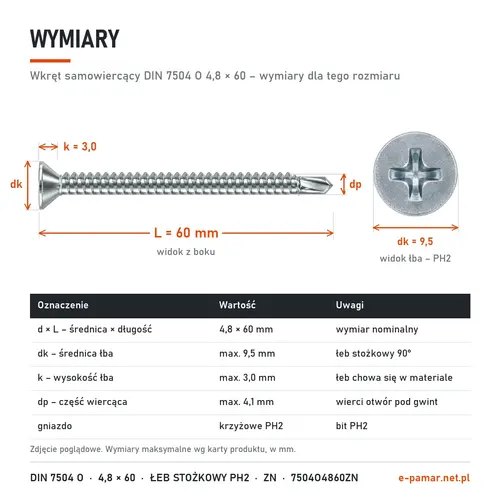 Wymiary wkręta samowiercącego DIN 7504 O 4,8 × 60: łeb dk 9,5 mm, k 3,0 mm, część wiercąca dp 4,1 mm