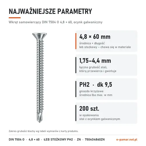 Parametry wkręta DIN 7504 O 4,8 × 60 ocynk galwaniczny: blacha 1,75–4,4 mm, gniazdo PH2, 200 szt. w opakowaniu