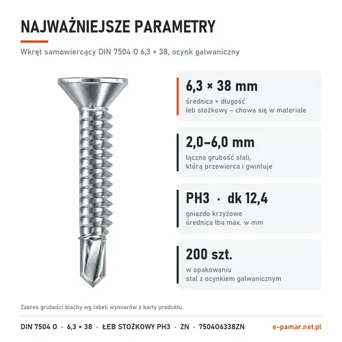 Parametry wkręta DIN 7504 O 6,3 × 38 ocynk galwaniczny: blacha 2,0–6,0 mm, gniazdo PH3, 200 szt. w opakowaniu