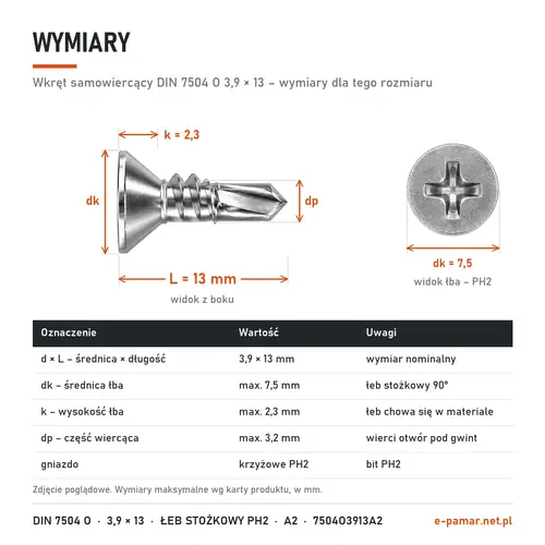 Wymiary wkręta samowiercącego DIN 7504 O 3,9 × 13: łeb dk 7,5 mm, k 2,3 mm, część wiercąca dp 3,2 mm