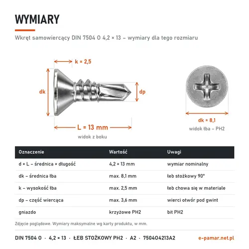 Wymiary wkręta samowiercącego DIN 7504 O 4,2 × 13: łeb dk 8,1 mm, k 2,5 mm, część wiercąca dp 3,6 mm