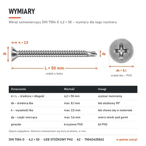 Wymiary wkręta samowiercącego DIN 7504 O 4,2 × 50: łeb dk 8,1 mm, k 2,5 mm, część wiercąca dp 3,6 mm