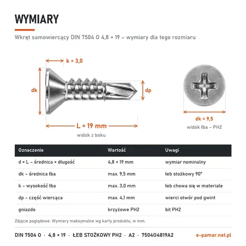 Wymiary wkręta samowiercącego DIN 7504 O 4,8 × 19: łeb dk 9,5 mm, k 3,0 mm, część wiercąca dp 4,1 mm