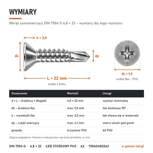 Wymiary wkręta samowiercącego DIN 7504 O 4,8 × 22: łeb dk 9,5 mm, k 3,0 mm, część wiercąca dp 4,1 mm