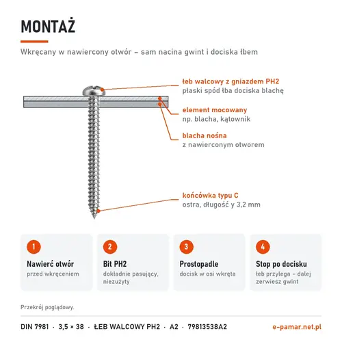 Montaż blachowkręta DIN 7981 3,5 × 38 w nawierconym otworze – bit PH2