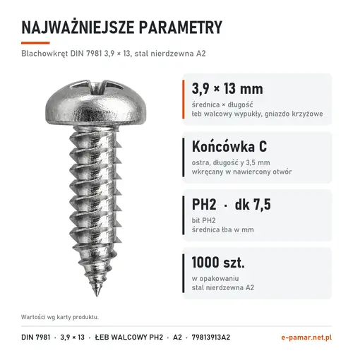 Parametry blachowkręta DIN 7981 3,9 × 13 stal nierdzewna A2: gniazdo PH2, końcówka typu C, 1000 szt. w opakowaniu