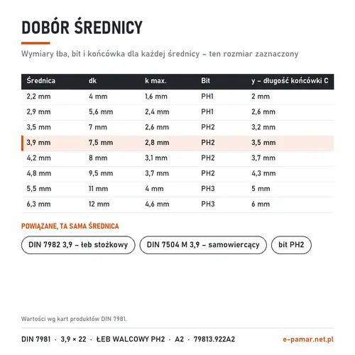 Wymiary łba i bit blachowkrętów DIN 7981 według średnicy – zaznaczony 3,9 mm