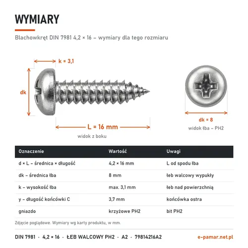 Wymiary blachowkręta DIN 7981 4,2 × 16: łeb dk 8 mm, k 3,1 mm, gniazdo PH2, końcówka typu C y 3,7 mm