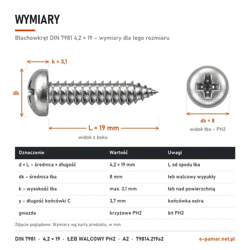 Wymiary blachowkręta DIN 7981 4,2 × 19: łeb dk 8 mm, k 3,1 mm, gniazdo PH2, końcówka typu C y 3,7 mm