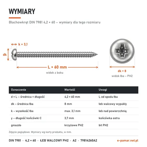 Wymiary blachowkręta DIN 7981 4,2 × 60: łeb dk 8 mm, k 3,1 mm, gniazdo PH2, końcówka typu C y 3,7 mm