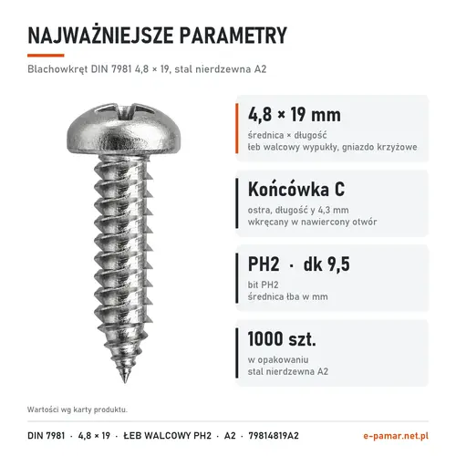 Parametry blachowkręta DIN 7981 4,8 × 19 stal nierdzewna A2: gniazdo PH2, końcówka typu C, 1000 szt. w opakowaniu