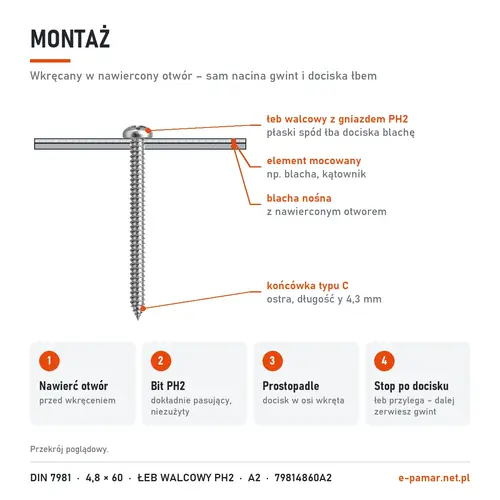 Montaż blachowkręta DIN 7981 4,8 × 60 w nawierconym otworze – bit PH2