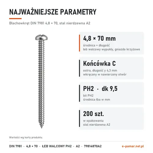 Parametry blachowkręta DIN 7981 4,8 × 70 stal nierdzewna A2: gniazdo PH2, końcówka typu C, 200 szt. w opakowaniu