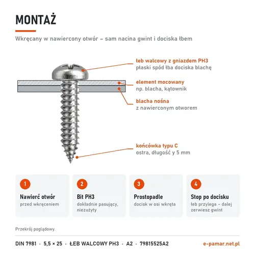 Montaż blachowkręta DIN 7981 5,5 × 25 w nawierconym otworze – bit PH3