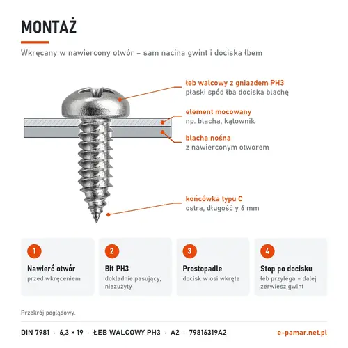 Montaż blachowkręta DIN 7981 6,3 × 19 w nawierconym otworze – bit PH3