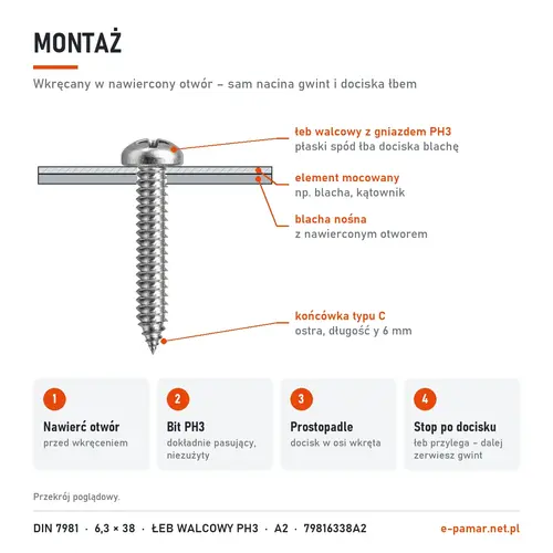 Montaż blachowkręta DIN 7981 6,3 × 38 w nawierconym otworze – bit PH3