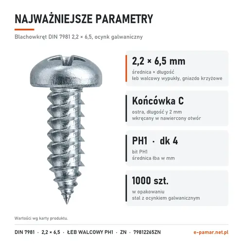 Parametry blachowkręta DIN 7981 2,2 × 6,5 ocynk galwaniczny: gniazdo PH1, końcówka typu C, 1000 szt. w opakowaniu