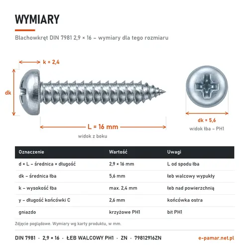 Wymiary blachowkręta DIN 7981 2,9 × 16: łeb dk 5,6 mm, k 2,4 mm, gniazdo PH1, końcówka typu C y 2,6 mm