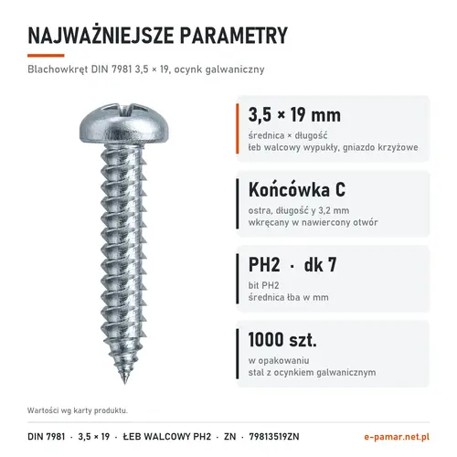 Parametry blachowkręta DIN 7981 3,5 × 19 ocynk galwaniczny: gniazdo PH2, końcówka typu C, 1000 szt. w opakowaniu