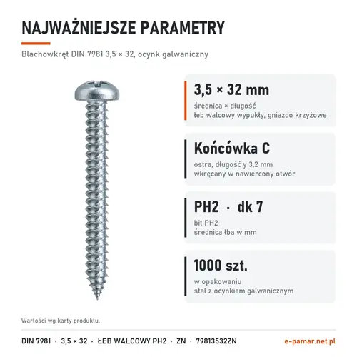 Parametry blachowkręta DIN 7981 3,5 × 32 ocynk galwaniczny: gniazdo PH2, końcówka typu C, 1000 szt. w opakowaniu