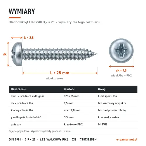 Wymiary blachowkręta DIN 7981 3,9 × 25: łeb dk 7,5 mm, k 2,8 mm, gniazdo PH2, końcówka typu C y 3,5 mm
