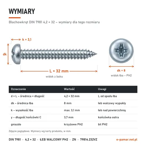 Wymiary blachowkręta DIN 7981 4,2 × 32: łeb dk 8 mm, k 3,1 mm, gniazdo PH2, końcówka typu C y 3,7 mm