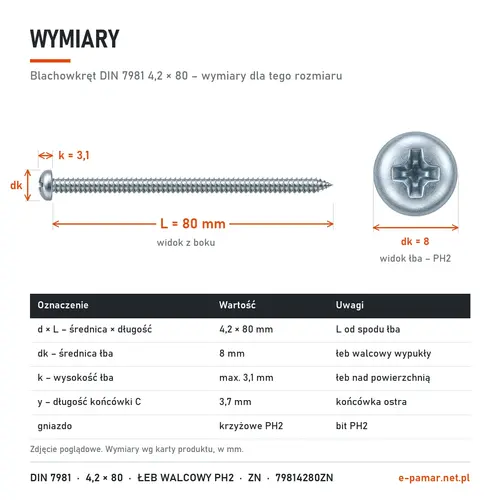 Wymiary blachowkręta DIN 7981 4,2 × 80: łeb dk 8 mm, k 3,1 mm, gniazdo PH2, końcówka typu C y 3,7 mm